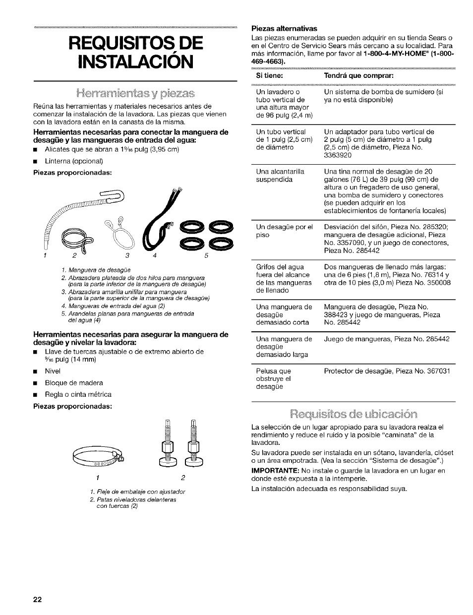 Requisitos de instalación, Piezas alternativas | Kenmore 110.24975 User Manual | Page 22 / 56