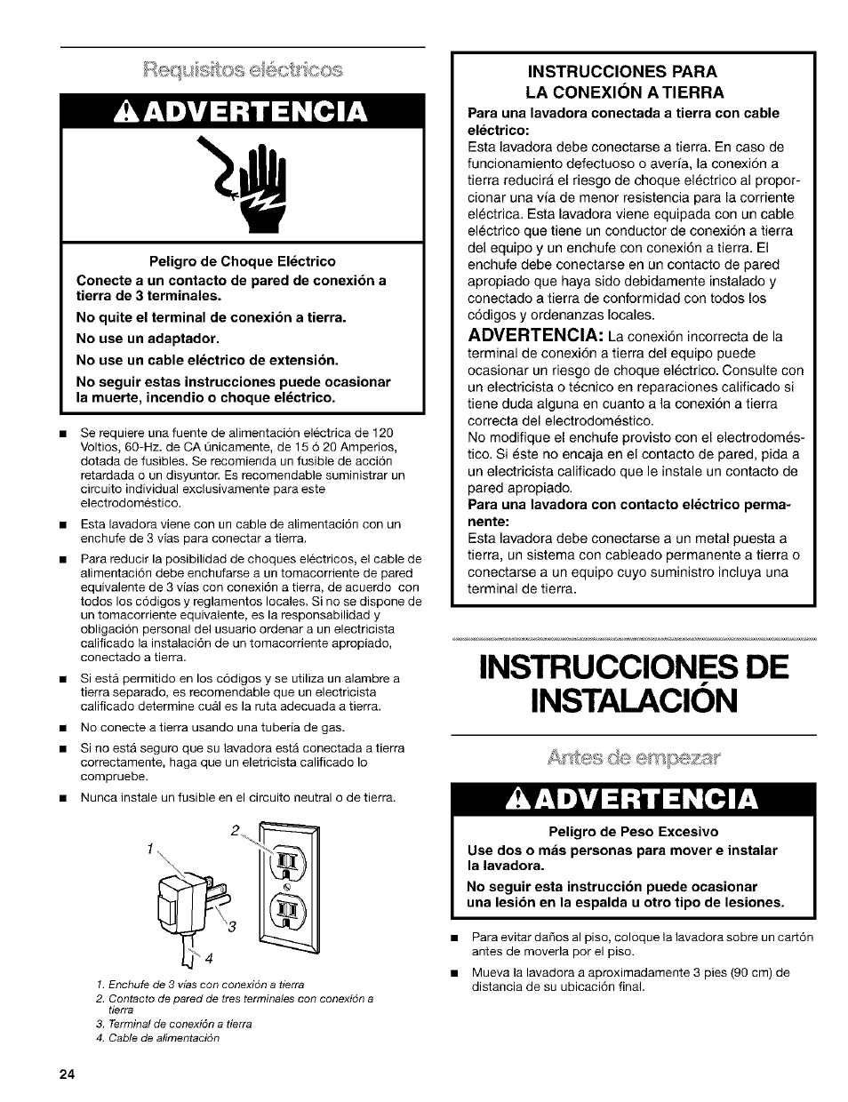 Instrucciones de instalación, Requisitos de instalación, A advertencia | Recfyistos eléctricos, Antes de empezar | Kenmore 110.24975 User Manual | Page 24 / 56