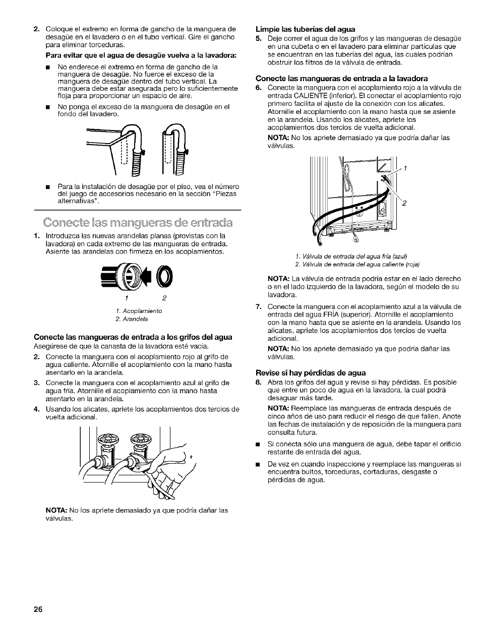 Limpie las tuberías del agua, Conecte las mangueras de entrada a la lavadora, Revise si hay pérdidas de agua | Conecte las mangueras de entrada | Kenmore 110.24975 User Manual | Page 26 / 56