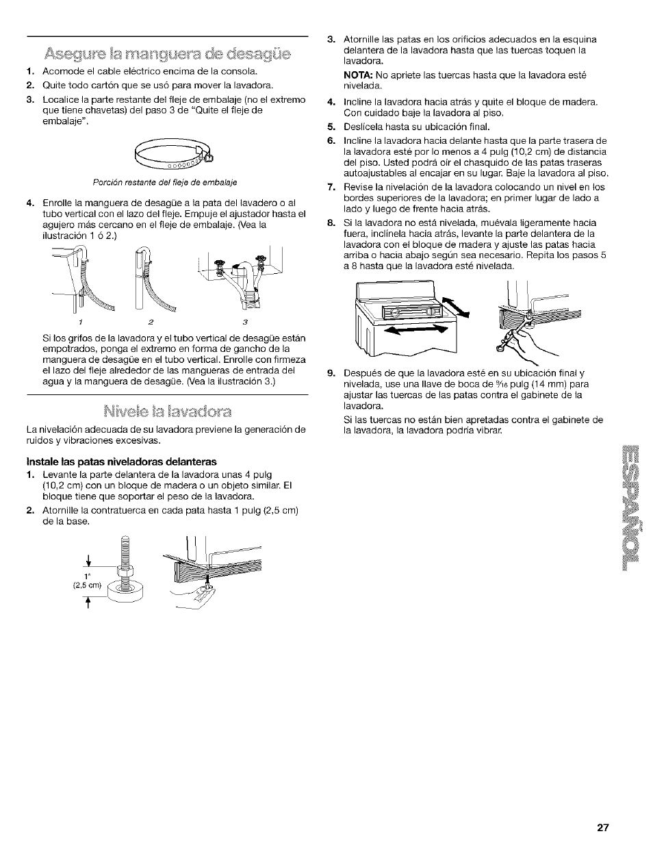 Ínstale las patas niveladoras delanteras | Kenmore 110.24975 User Manual | Page 27 / 56