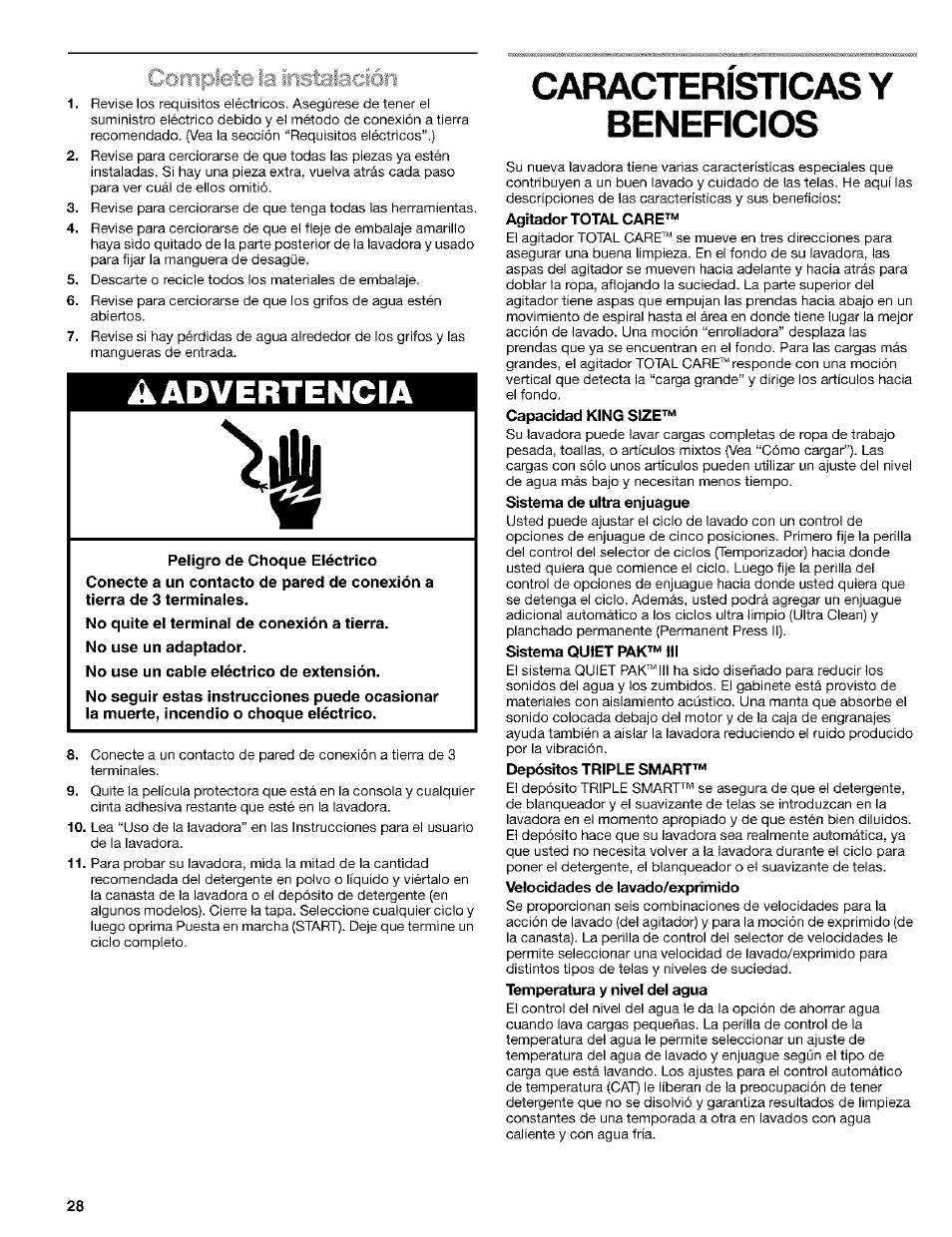 Caracteristicas y, Agitador total care, Capacidad king size | Sistema de ultra enjuague, Sistema quíet pak™ !ll, Depósitos triple smart, Velocidades de lavado/exprimido, Temperatura y nivel del agua, Selección de velocidades de lavado/exprimido, A advertencia | Kenmore 110.24975 User Manual | Page 28 / 56