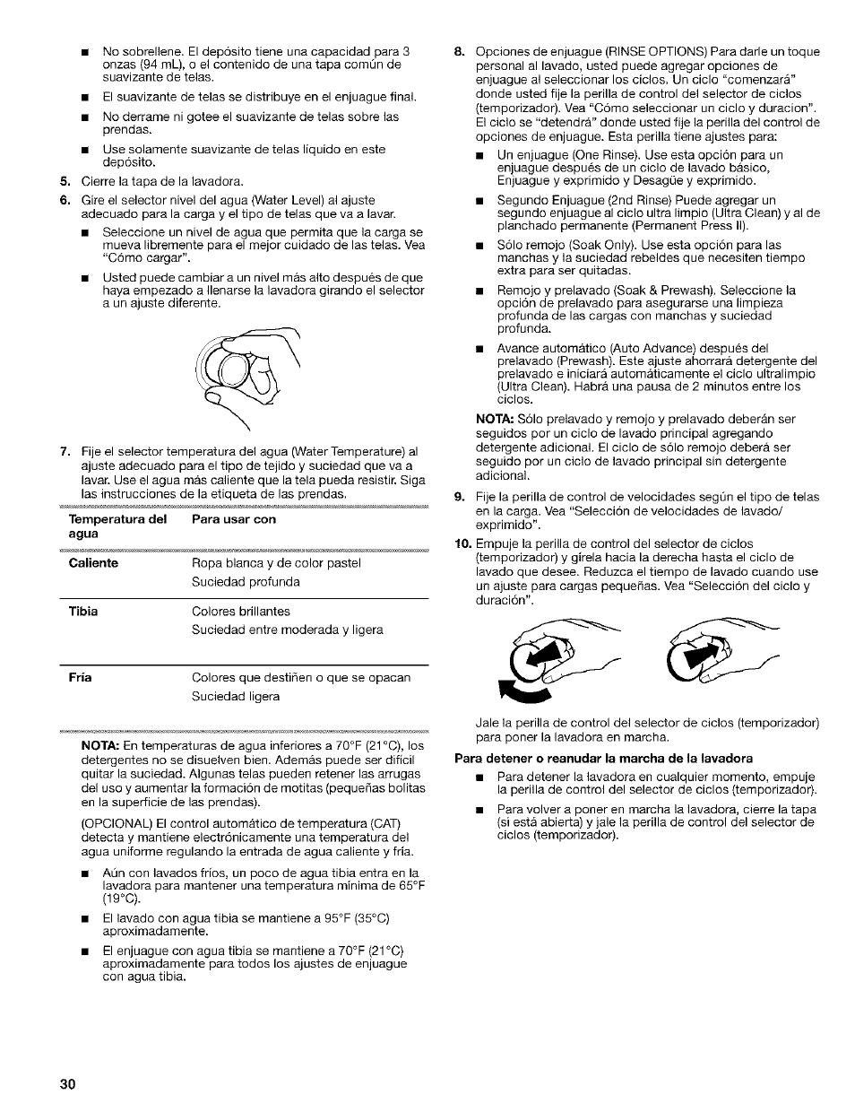 Temperatura del agua, Caliente, Para usar con | Tibia, Fría, Para detener o reanudar la marcha de la lavadora | Kenmore 110.24975 User Manual | Page 30 / 56