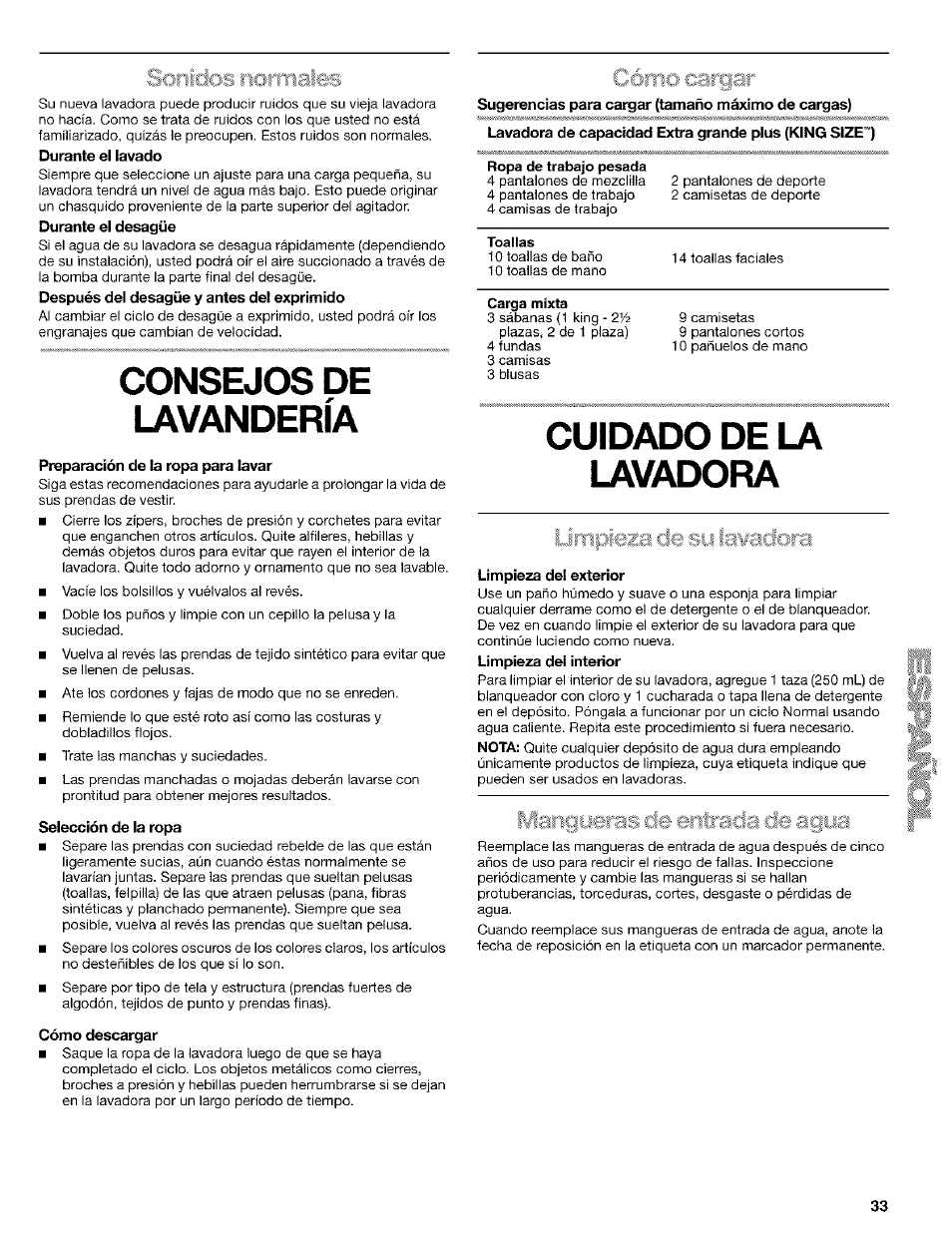 Durante el lavado, Durante el desagüe, Después del desagüe y antes del exprimido | Consejos de, Preparación de la ropa para lavar, Selección de la ropa, Cómo descargar, Ropa de trabajo pesada, Toallas, Carga mixta | Kenmore 110.24975 User Manual | Page 33 / 56