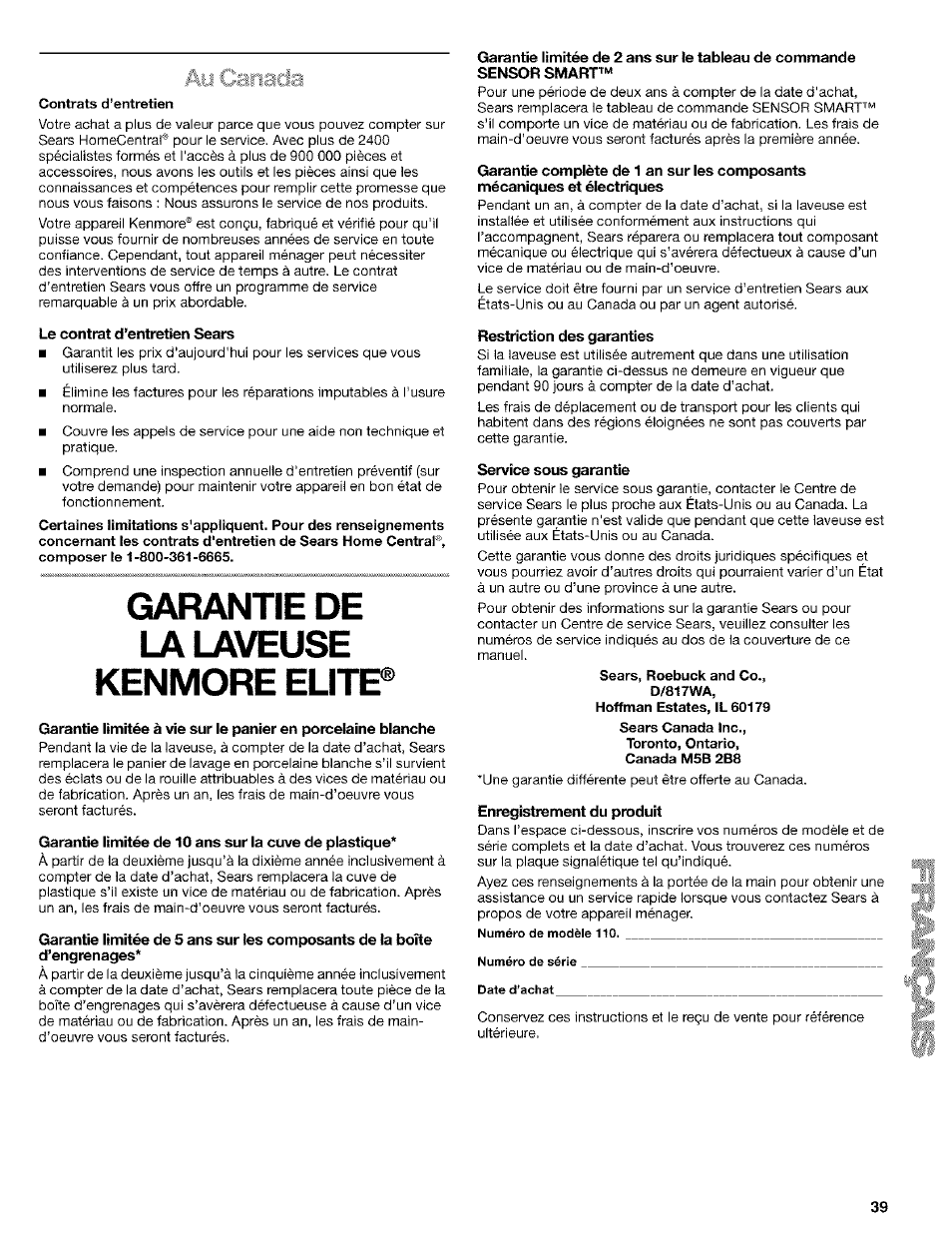 Le contrat d’entretien sears, Garantie de kenmore elite, Restriction des garanties | Service sous garantie, Enregistrement du produit | Kenmore 110.24975 User Manual | Page 39 / 56