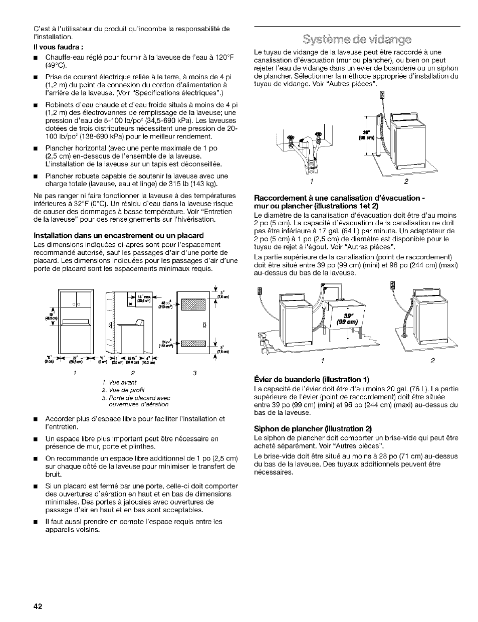 Installation dans un encastrement ou un placard, Évier de buanderie (illustration 1), Siphon de plancher (illustration 2) | Kenmore 110.24975 User Manual | Page 42 / 56