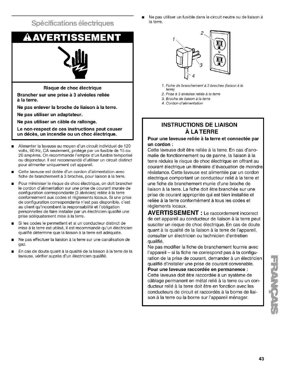Avertissement, Instructions de liaison à laterre | Kenmore 110.24975 User Manual | Page 43 / 56