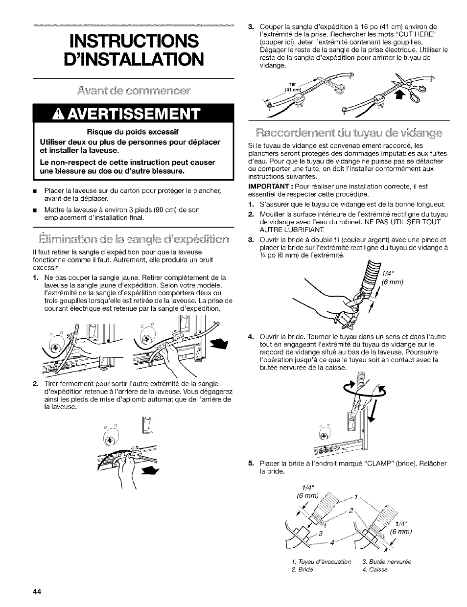 Instructions, D’installation, Instructions d’installation | A avertissement, Avant de commencer | Kenmore 110.24975 User Manual | Page 44 / 56