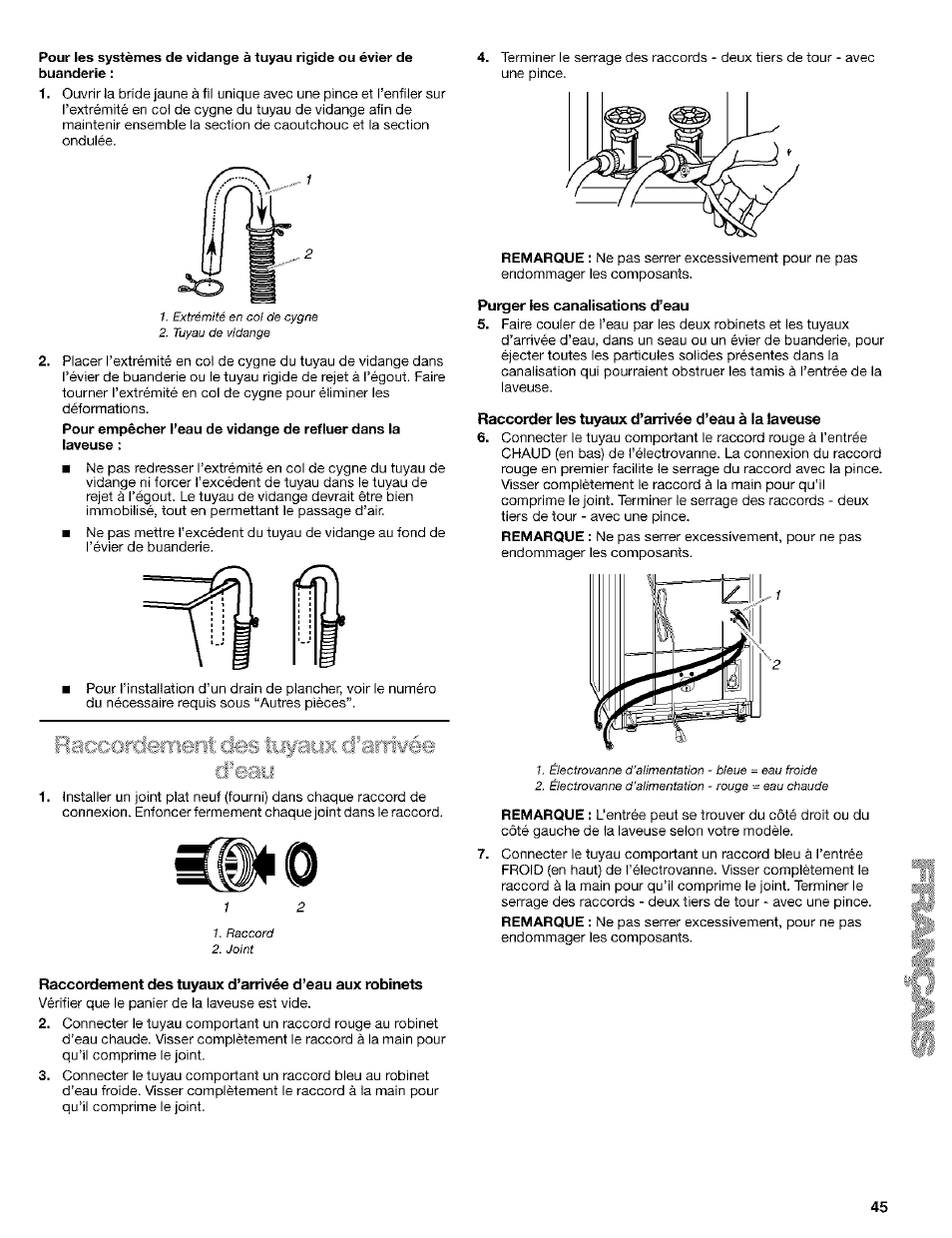 Purger les canalisations d’eau, Raccorder les tuyaux d’arrivée d’eau à la laveuse, Raccordement des tuyaux d’arrivée d’eau | Kenmore 110.24975 User Manual | Page 45 / 56