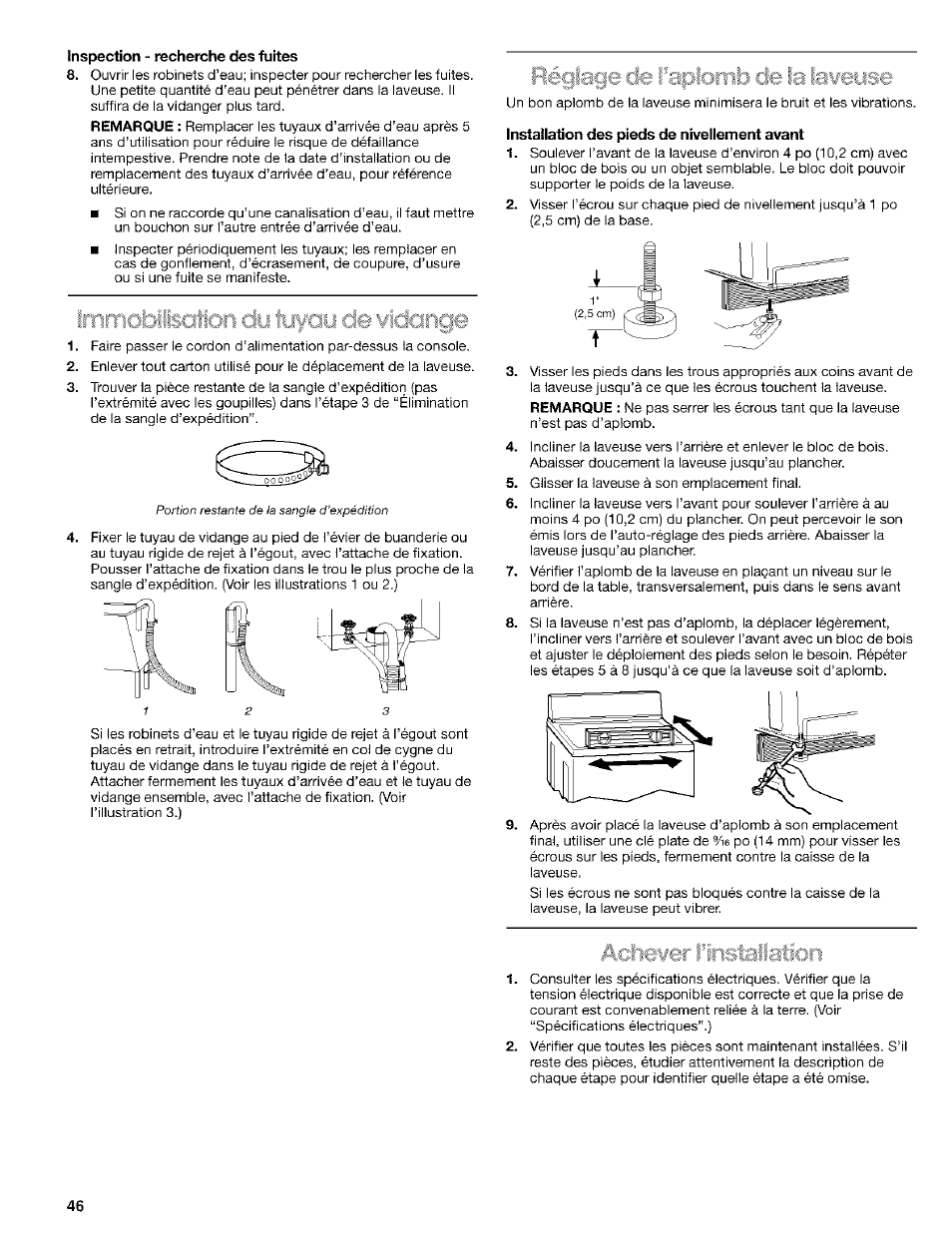 Inspection - recherche des fuites, Installation des pieds de nivellement avant, Isation cit | Kenmore 110.24975 User Manual | Page 46 / 56