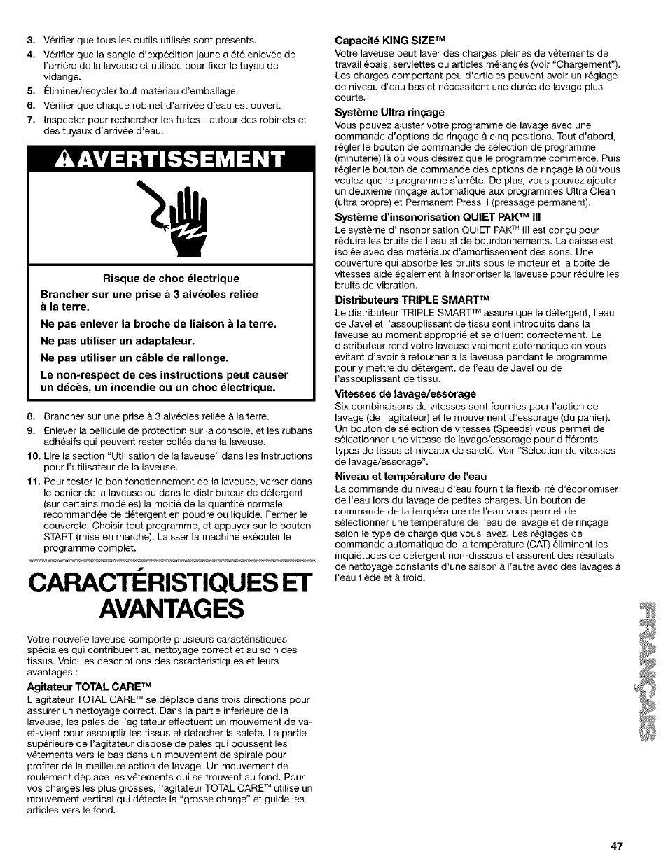 Caractéristiques et avl\n'iages, Agitateur total gare, Capacité king size | Système ultra rinçage, Système d’insonorisation quiet pak™ ill, Distributeurs triple smart, Vitesses de lavage/essorage, Niveau et température de l'eau, Caractéristiques et avantages, A avertissement | Kenmore 110.24975 User Manual | Page 47 / 56