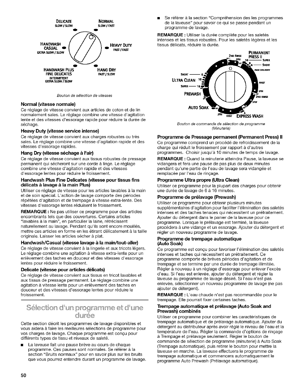 Normal, Hang dry, Normal {vitesse normale) | Heavy duty (vitesse service intense), Hang dry (mtesse séchage à l'air), Delicate (vitesse pour articles délicats), Prewash, Auto soak, Programme ultra propre (ultra clean), Programme de prélavage (prewash) | Kenmore 110.24975 User Manual | Page 50 / 56