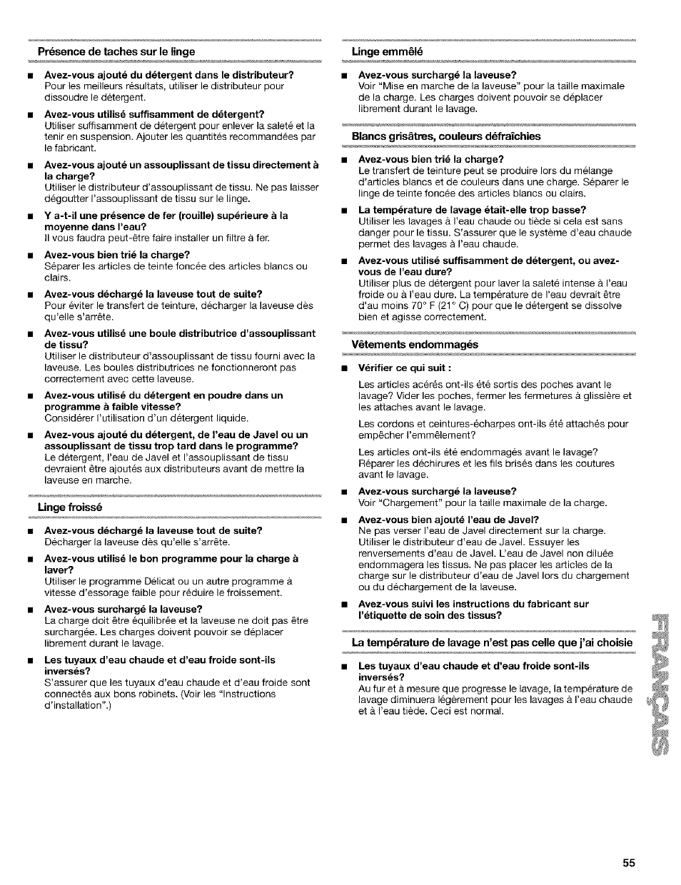 Avez-vous ajouté du détergent dans le distributeur, Linge froissé, Avez-vous déchargé la laveuse tout de suite | Avez-vous surchargé la laveuse, Blancs grisâtres, couleurs défraîchies, Avez-vous bien trié la charge, Vêtements endommagés, Vérifier ce qui suit | Kenmore 110.24975 User Manual | Page 55 / 56