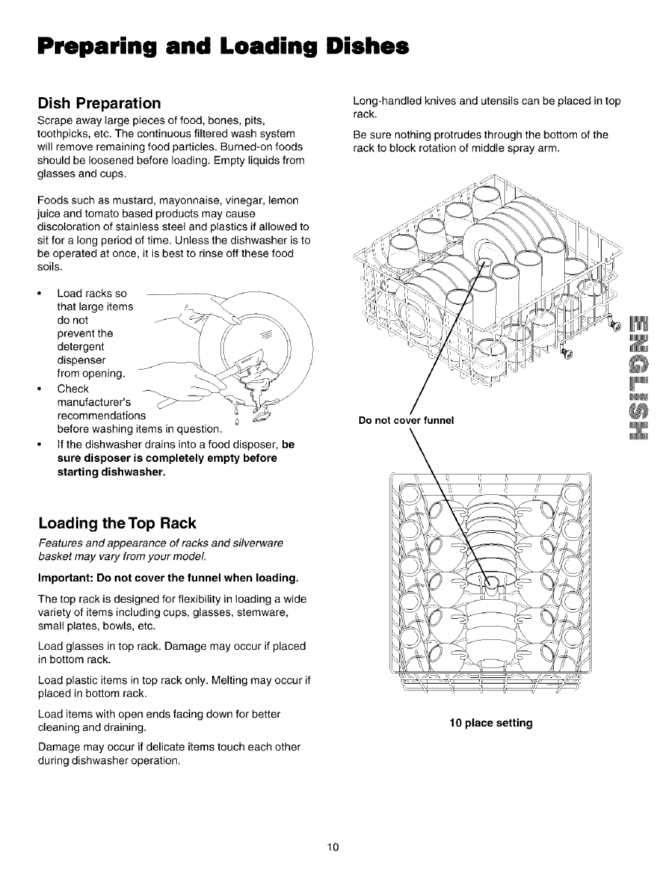 Dish preparation, Loading the top rack, Important: do not cover the funnel when loading | Preparing and loading dishes | Kenmore 587.14209 User Manual | Page 10 / 19