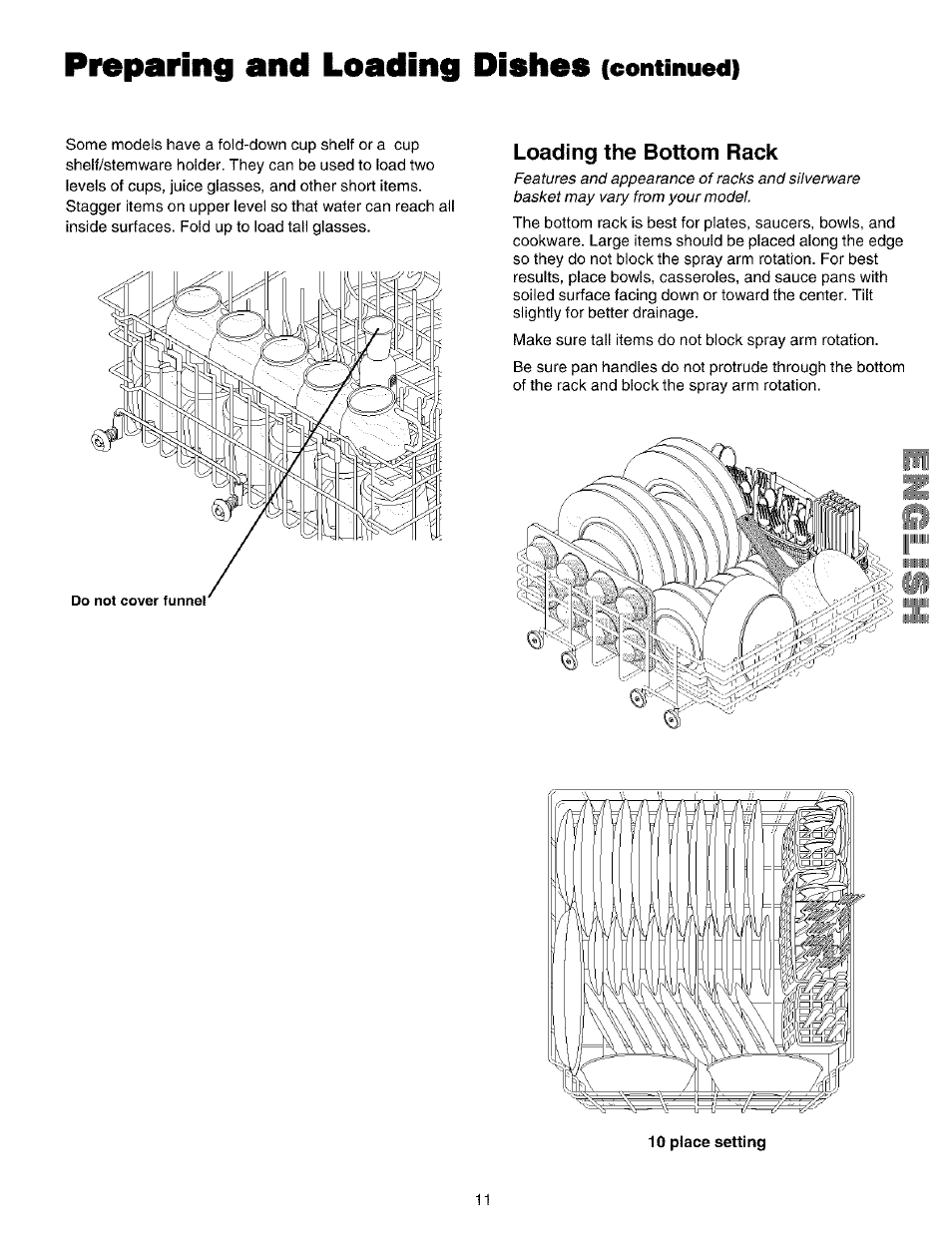 Loading the bottom rack, Preparing and loading dishes, Continued) | Kenmore 587.14209 User Manual | Page 11 / 19