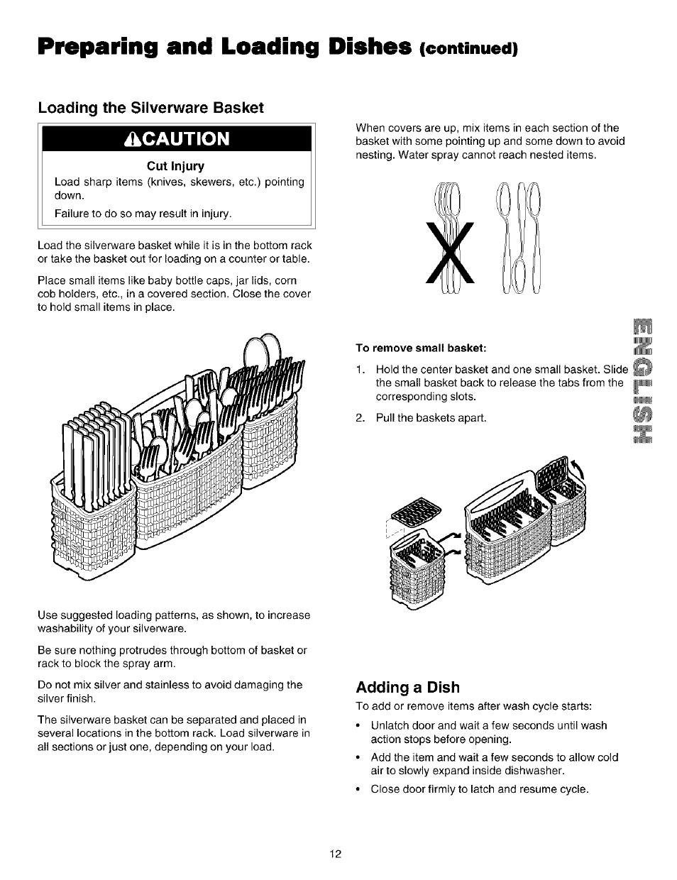 Loading the silverware basket, To remove small basket, Adding a dish | Preparing and loading dishes, Caution, Continued) | Kenmore 587.14209 User Manual | Page 12 / 19