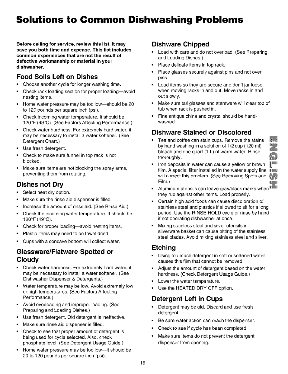 Food soils left on dishes, Dishes not dry, Giassware/fiatware spotted or cioudy | Dish ware chipped, Dishware stained or discoiored, Etching, Detergent left in cups, Solutions to common dishwashing problems | Kenmore 587.14209 User Manual | Page 16 / 19