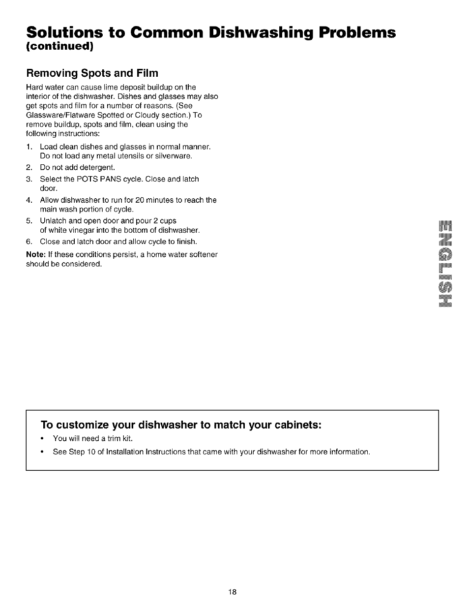 Removing spots and film, Solutions to common dishwashing problems, Continued) removing spots and film | Kenmore 587.14209 User Manual | Page 18 / 19