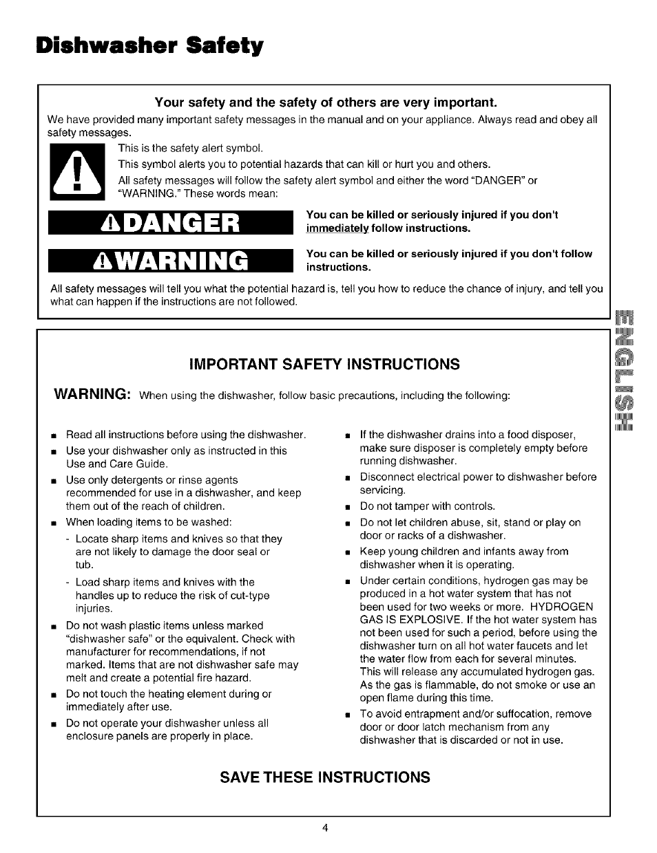 Important safety instructions, Save these instructions, Safety instructions | Dishwasher safety, Adanger awarning, Important safety instructions warning | Kenmore 587.14209 User Manual | Page 4 / 19