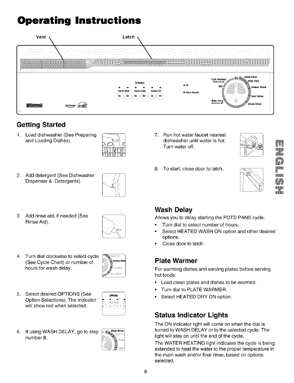 Getting started, Wash delay, Plate warmer | Status indicator lights, Operating instructions | Kenmore 587.14209 User Manual | Page 8 / 19