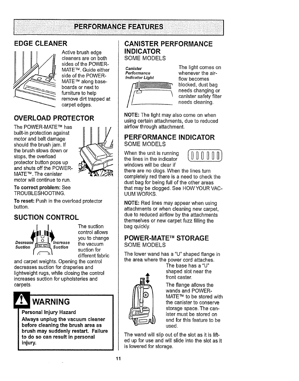 Performance features, Edge cleaner, Overload protector | Suction control, Warning, Canister performance indicator, Performance indicator, Power-mate"^ storage | Kenmore 1T6.29429 User Manual | Page 11 / 36