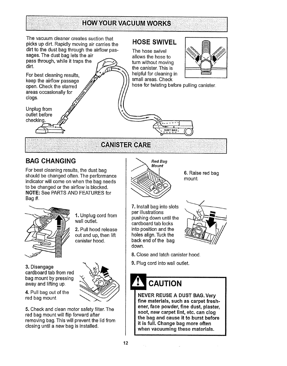 How your vacuum works, Hose swivel, Canister care | Bag changing, Caution | Kenmore 1T6.29429 User Manual | Page 12 / 36