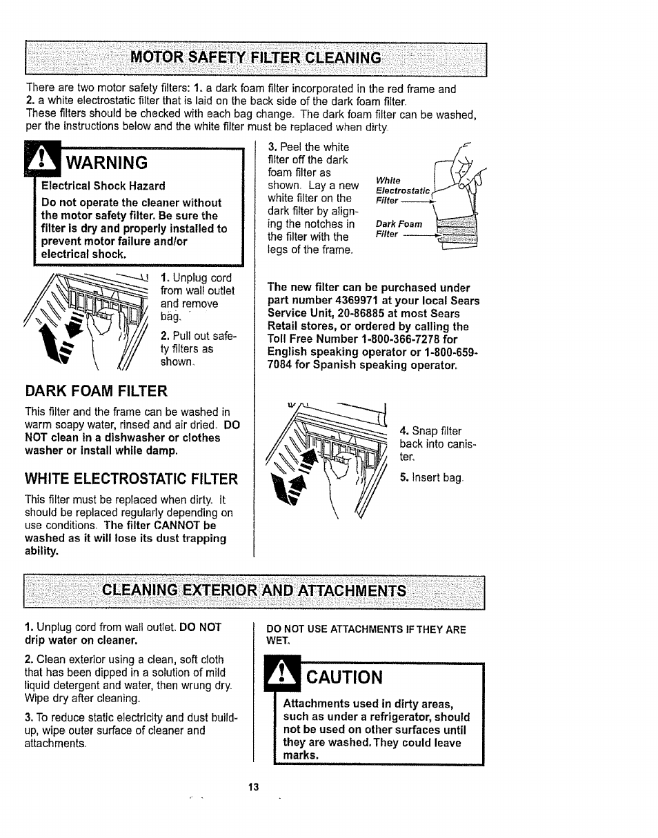 Motor safety filter cleaning, Warning, Cleaning exterior and attachments | Caution | Kenmore 1T6.29429 User Manual | Page 13 / 36