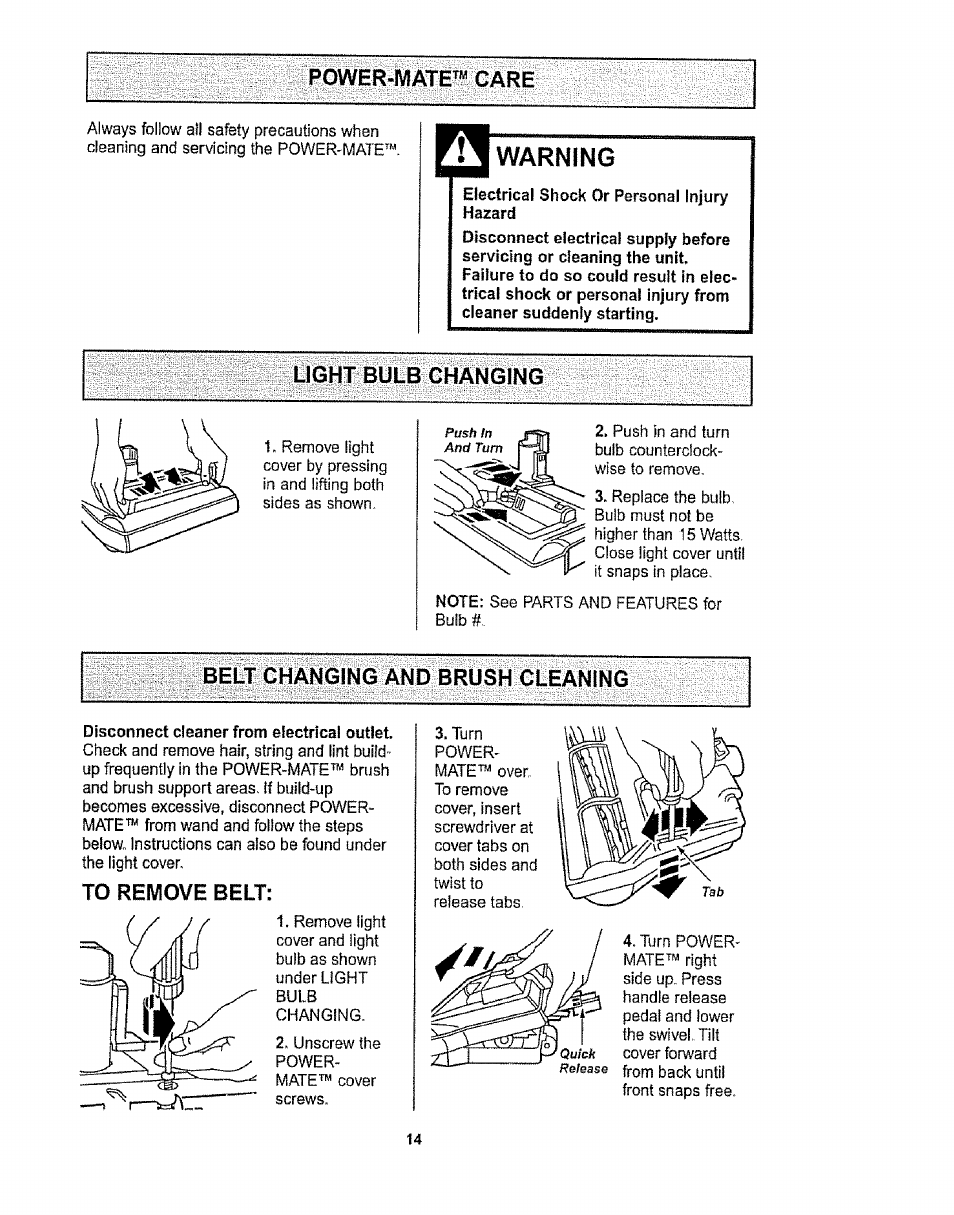 Power-iviate^« care, Warning, Light bulb changing | Belt changing and brush cleaning, Power-mate™ care | Kenmore 1T6.29429 User Manual | Page 14 / 36