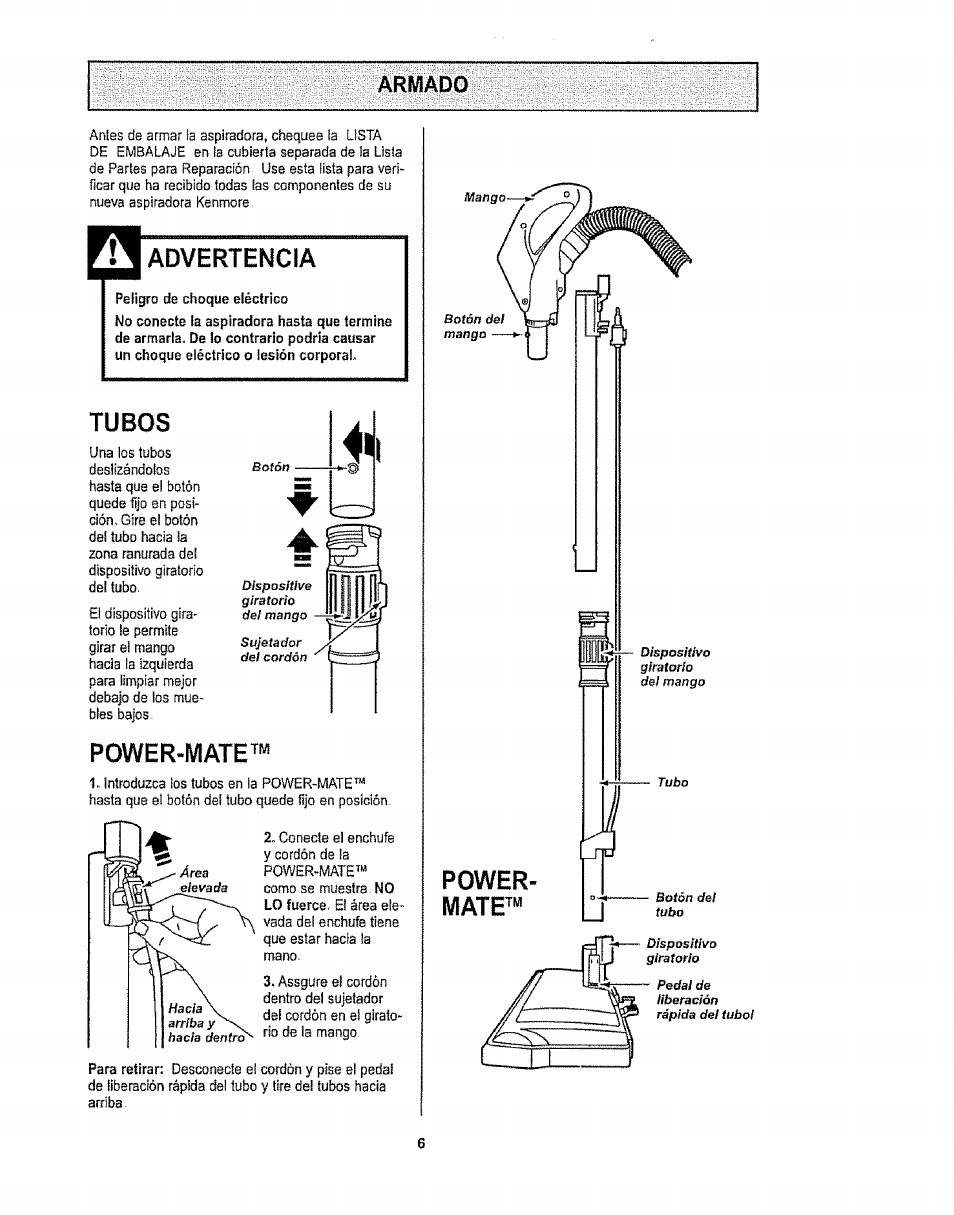 Tubos, Power-mate, Advertencia | Kenmore 1T6.29429 User Manual | Page 24 / 36