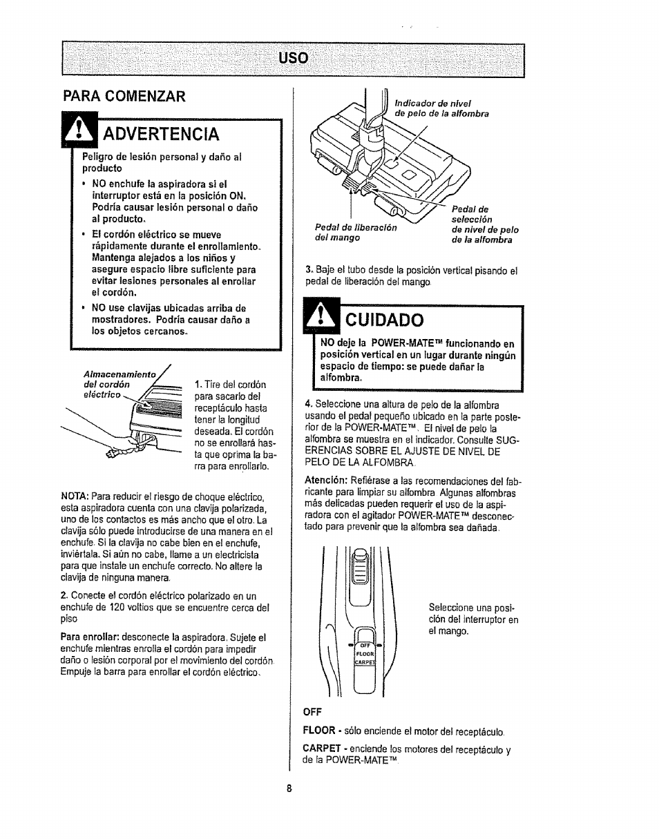 Para comenzar, Advertencia, Cuidado | Uso para comenzar | Kenmore 1T6.29429 User Manual | Page 26 / 36