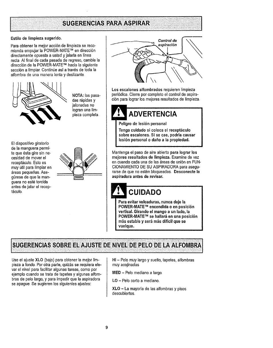 Sugerencias para aspirar, Estilo de limpieza sugerido, Peligro de lesión personal | Cuidado, Sugerencias sobre el ajuste de nivel de pelo de, Alfombra | Kenmore 1T6.29429 User Manual | Page 27 / 36