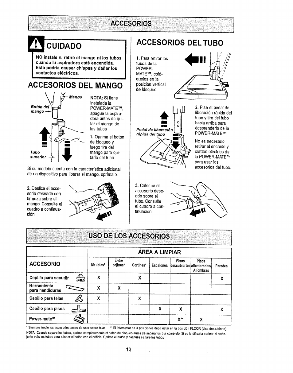 Accesorios, Cuidado, Accesorios del mango | Accesorios del tubo, Uso de los accesorios | Kenmore 1T6.29429 User Manual | Page 28 / 36