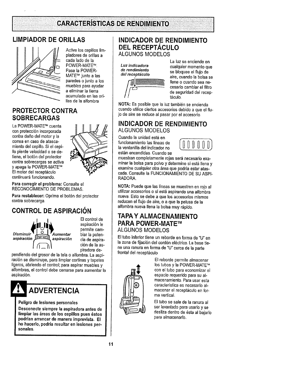 Caracteristicas de rendimiento, Protector contra sobrecar0as, Control de aspiración | Advertencia, Indicador de rendimiento, Tapa y almacenamiento para power-mate, Indicador, Rendimiento, Liiüipíanor hf nuil i a | Kenmore 1T6.29429 User Manual | Page 29 / 36