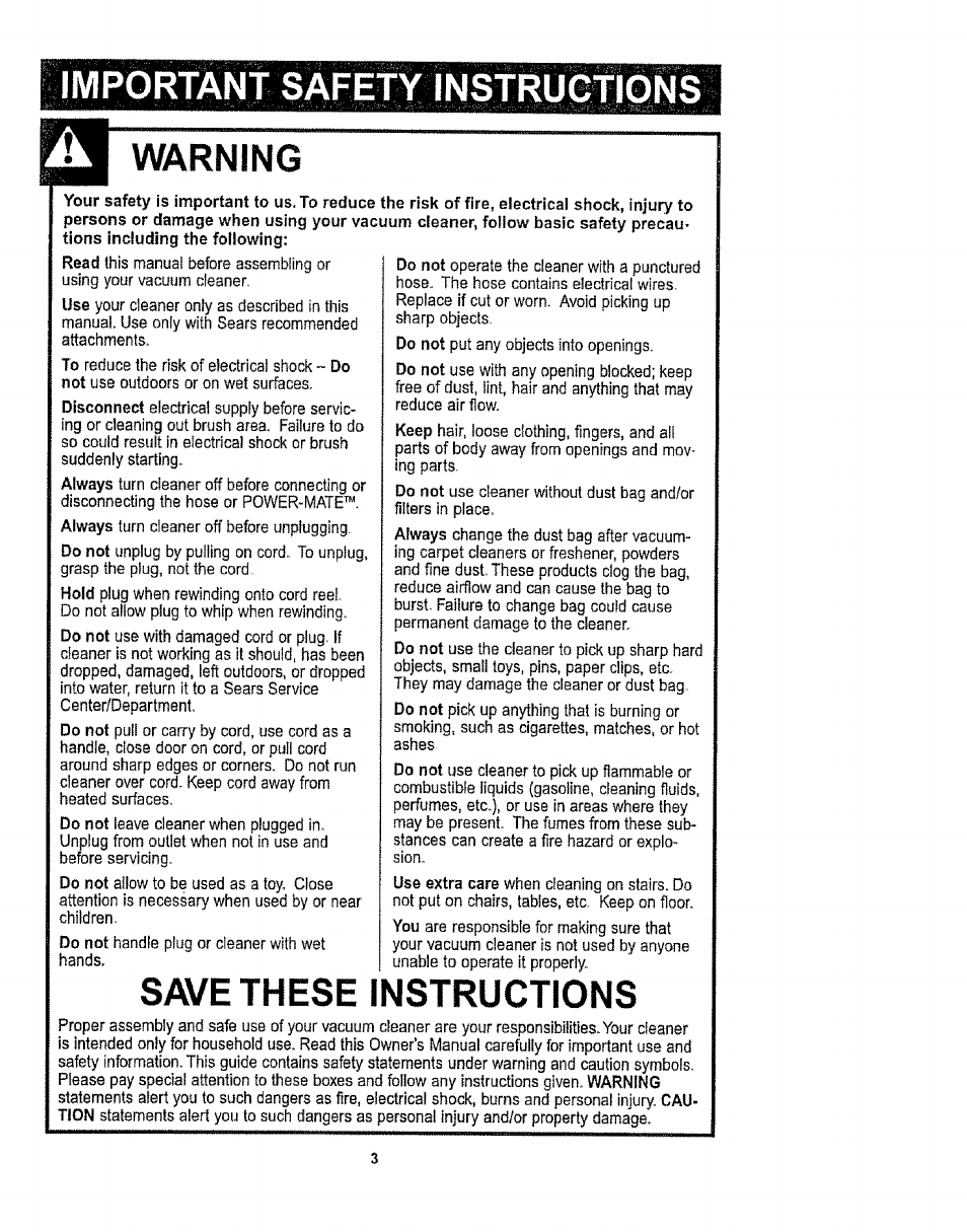 Important safety instructions, Warning, Save these instructions | Important safety instructions warning | Kenmore 1T6.29429 User Manual | Page 3 / 36