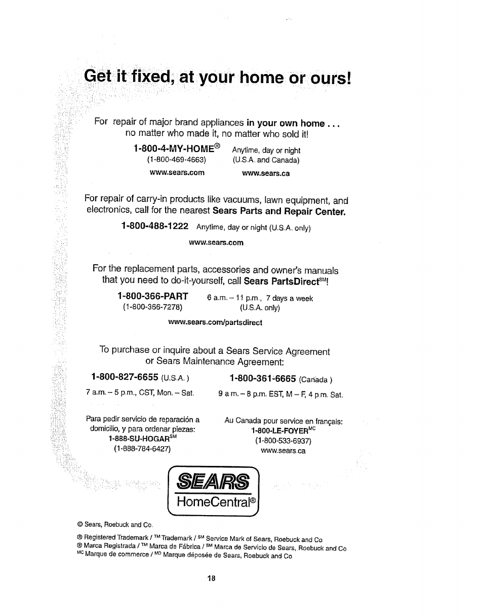 Gét it fixédi àt your home or ours, Homecentraf | Kenmore 1T6.29429 User Manual | Page 36 / 36