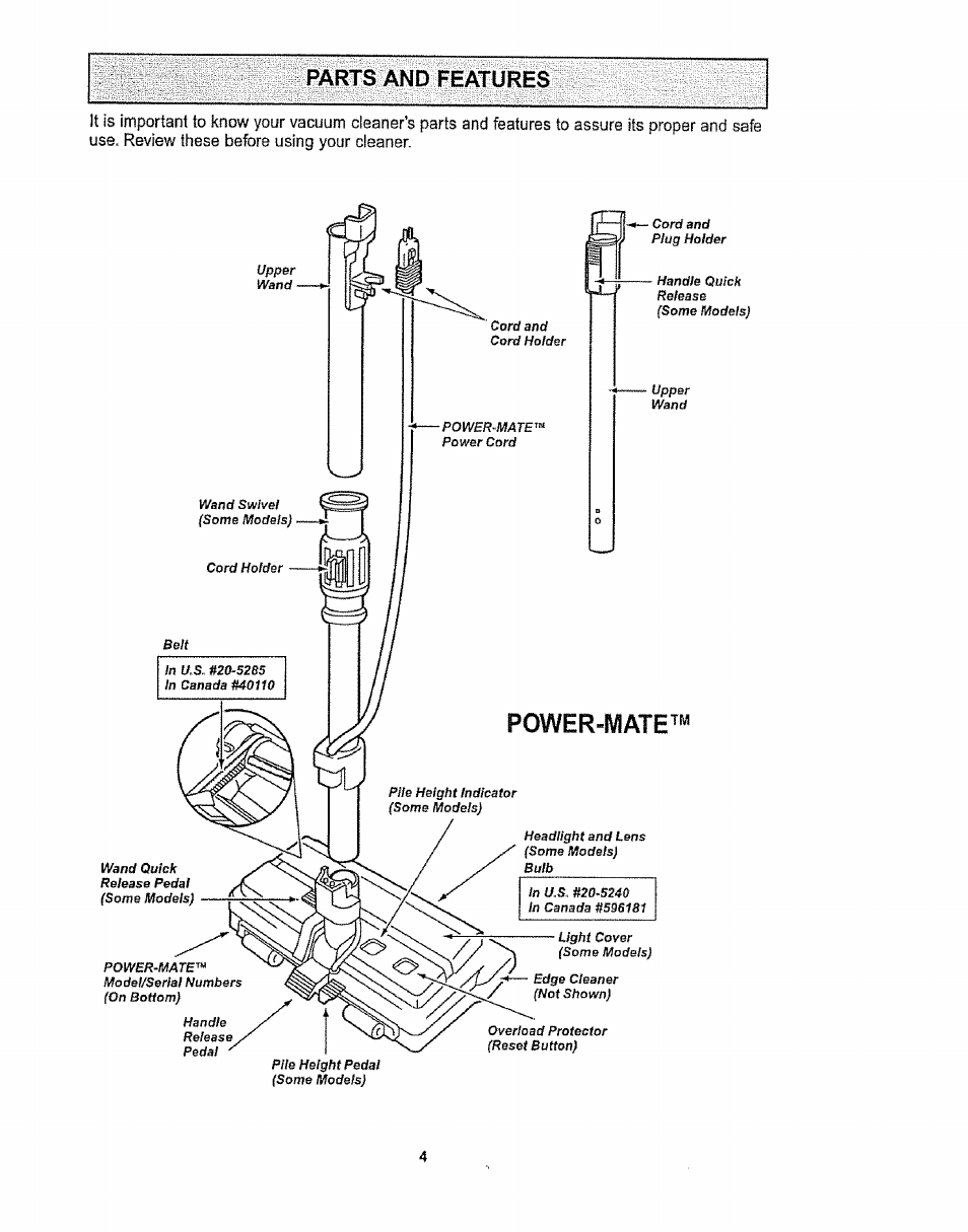 Parts and features, Power-mate | Kenmore 1T6.29429 User Manual | Page 4 / 36