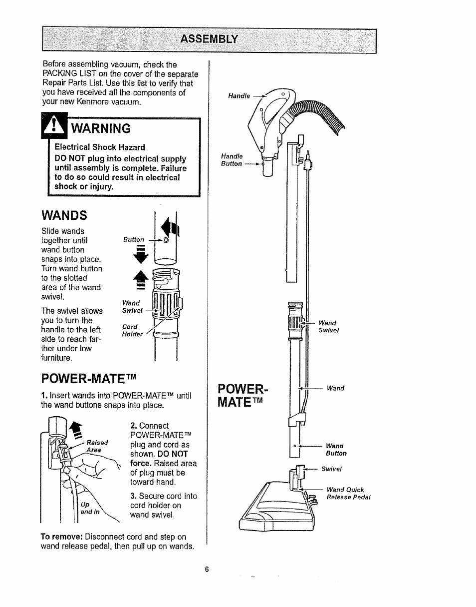 Warning, Wands, Power-mate | Assrmri y | Kenmore 1T6.29429 User Manual | Page 6 / 36