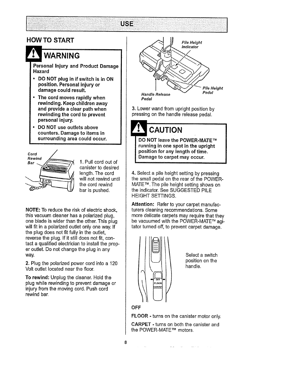 Howto start, Warning, Caution | Kenmore 1T6.29429 User Manual | Page 8 / 36