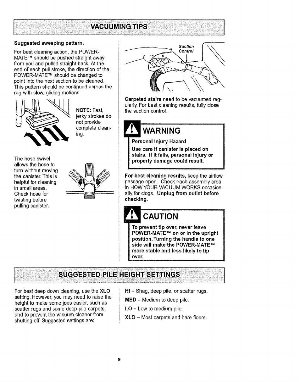 Vacuuming tips, Caution | Kenmore 1T6.29429 User Manual | Page 9 / 36