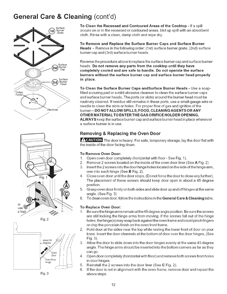 Removing & replacing the oven door, General care & cleaning (cont’d) | Kenmore 790.7011 User Manual | Page 12 / 16