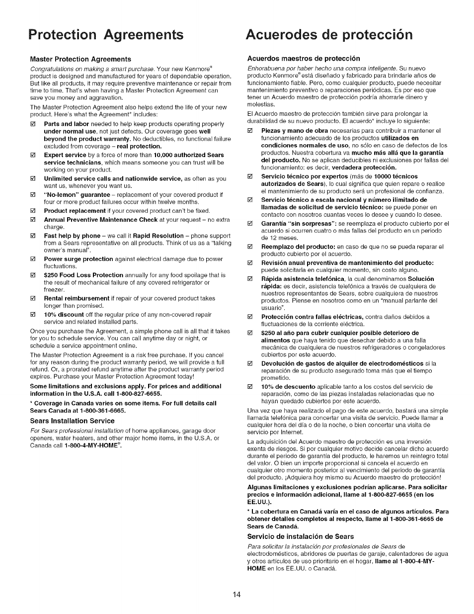 Protection agreements, Acuerodes de protección | Kenmore 790.7011 User Manual | Page 14 / 16