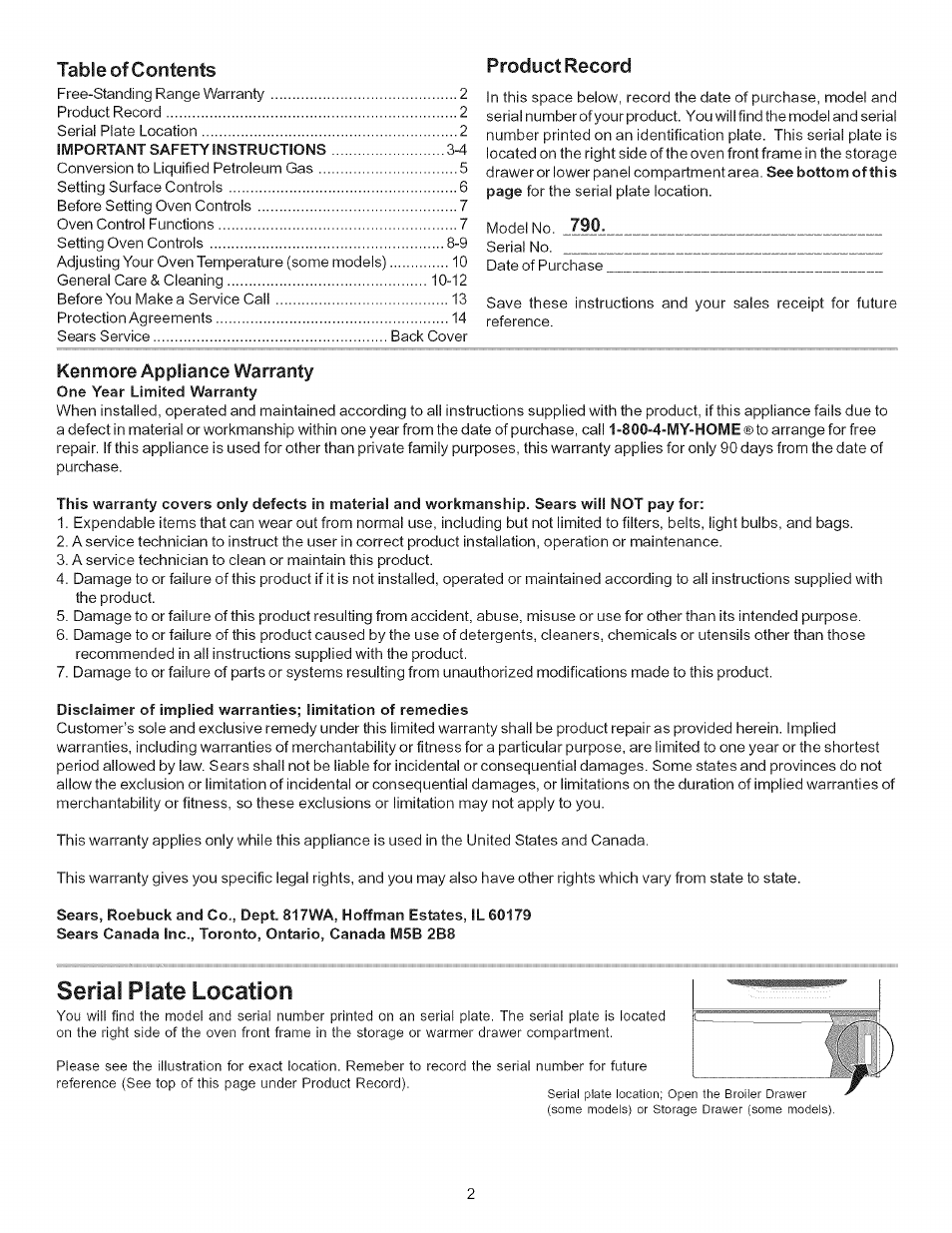 Serial plate location | Kenmore 790.7011 User Manual | Page 2 / 16