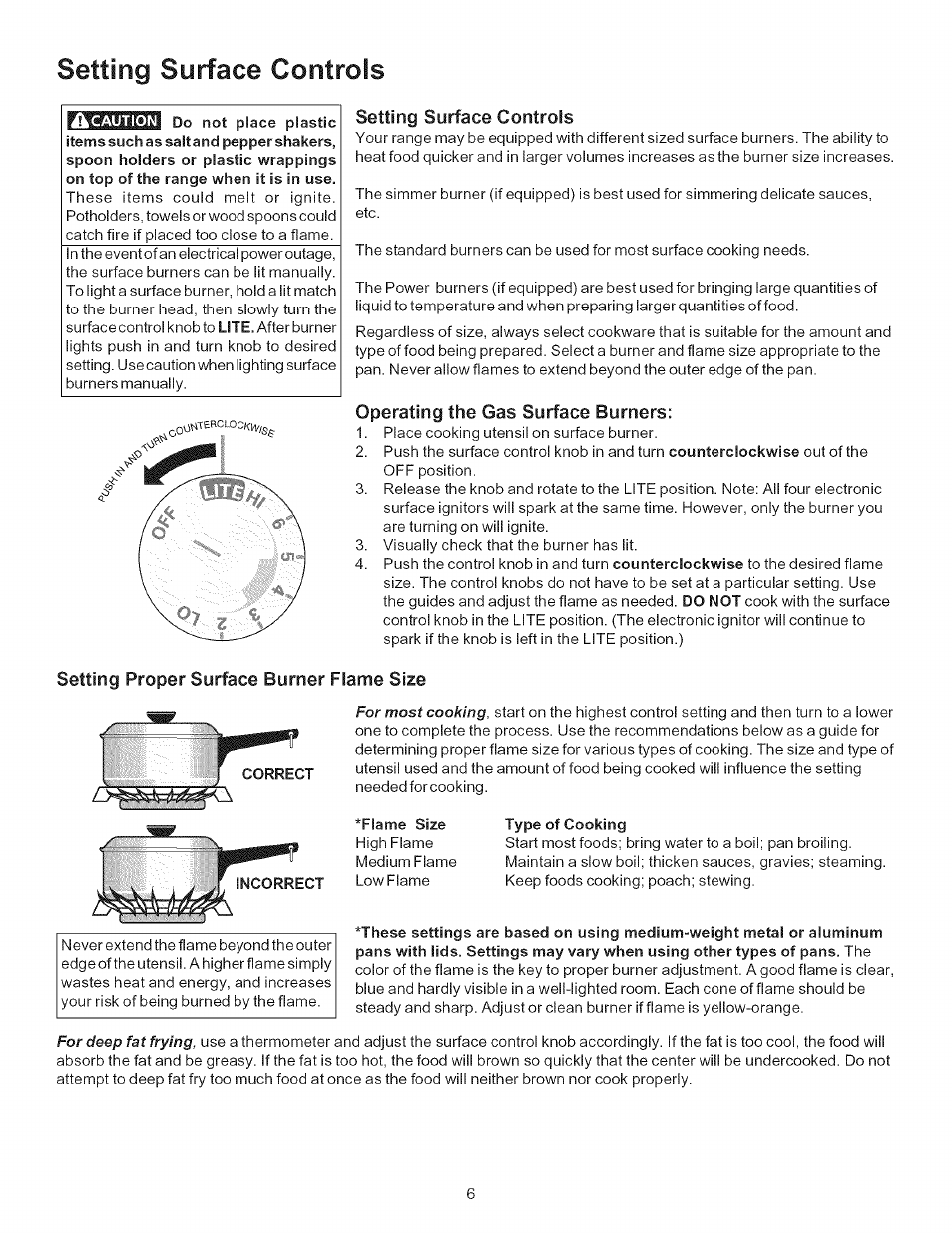 Setting surface controls, Operating the gas surface burners, Setting proper surface burner flame size | Kenmore 790.7011 User Manual | Page 6 / 16