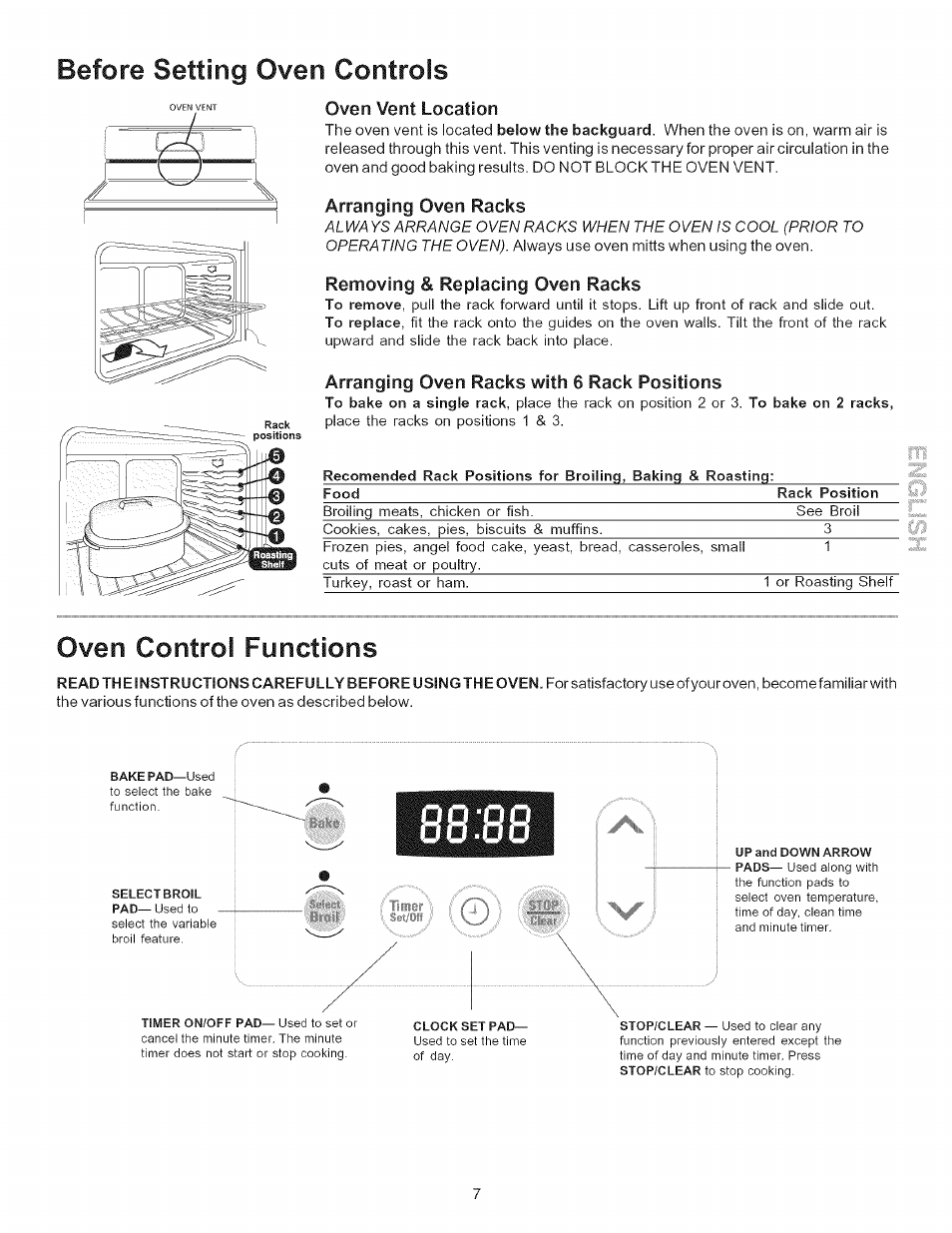 Oven vent location, Arranging oven racks, Removing & replacing oven racks | Arranging oven racks with 6 rack positions, Before setting oven controls, Oven control functions | Kenmore 790.7011 User Manual | Page 7 / 16
