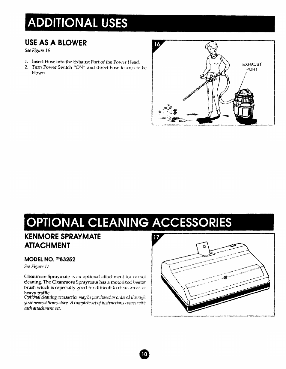 Additional uses, Optional cleaning accessories, Model no. **83252 | Ken mori spraymate attachment, Use as a blower | Kenmore 175.869039 User Manual | Page 10 / 16