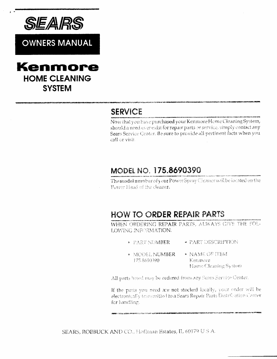 Owners manual, Home cleaning system, Service | Owners manual home cleaning system, Order repai, Parts | Kenmore 175.869039 User Manual | Page 16 / 16