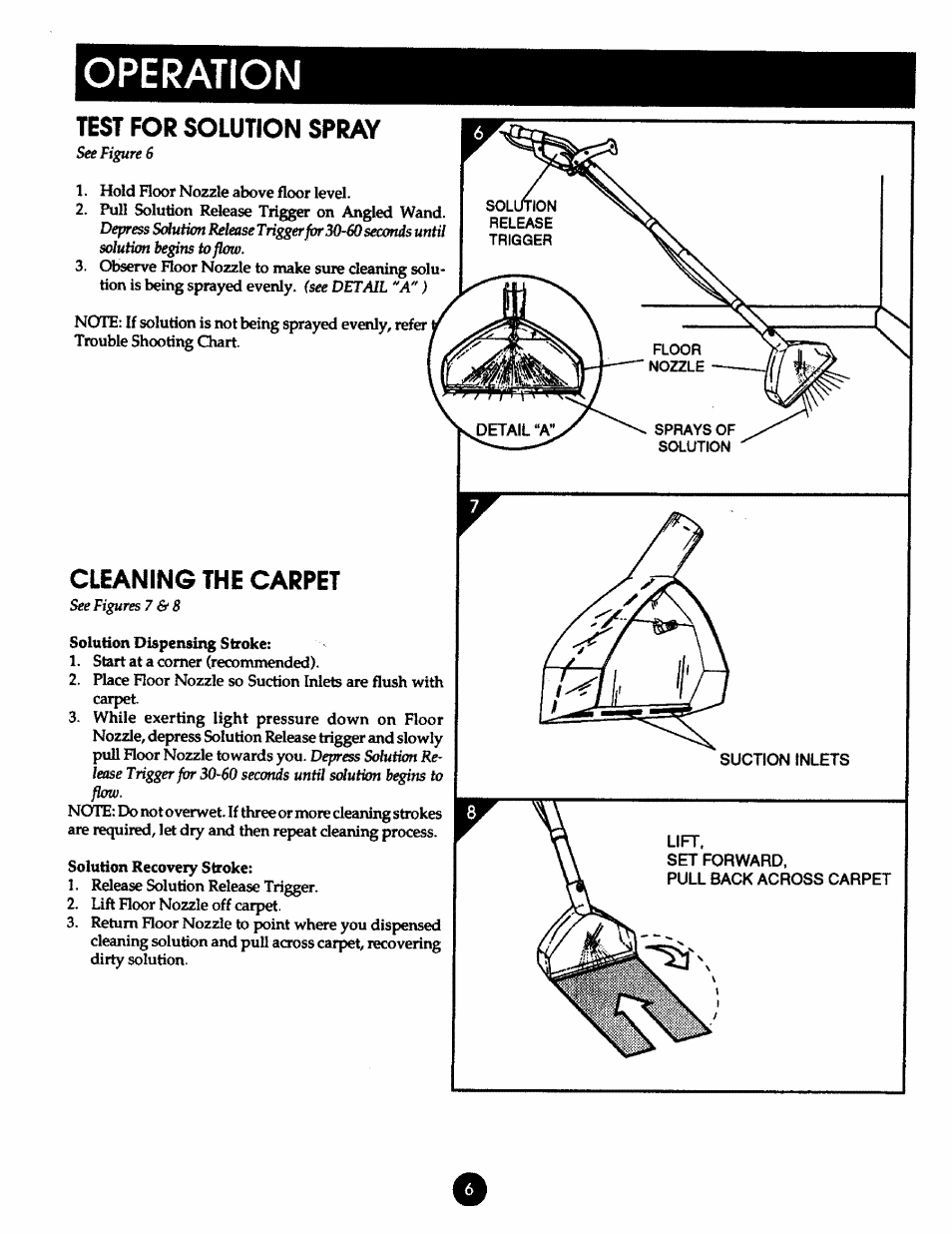 Operation, Test for solution spray, Cleaning the carpet | Kenmore 175.869039 User Manual | Page 6 / 16