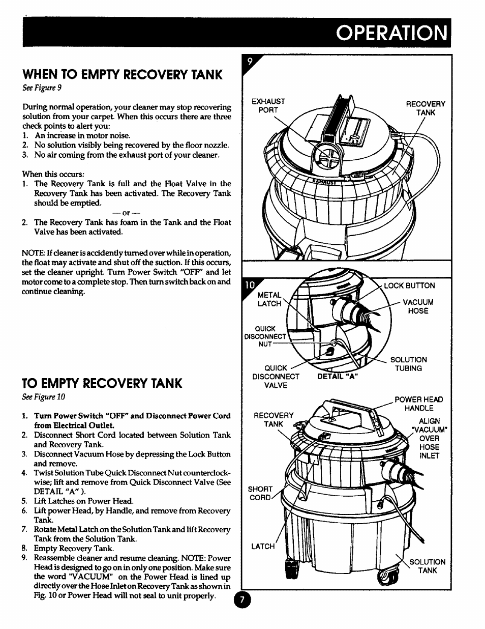 When to empty recovery tank, To empty recovery tank, Operation | Kenmore 175.869039 User Manual | Page 7 / 16