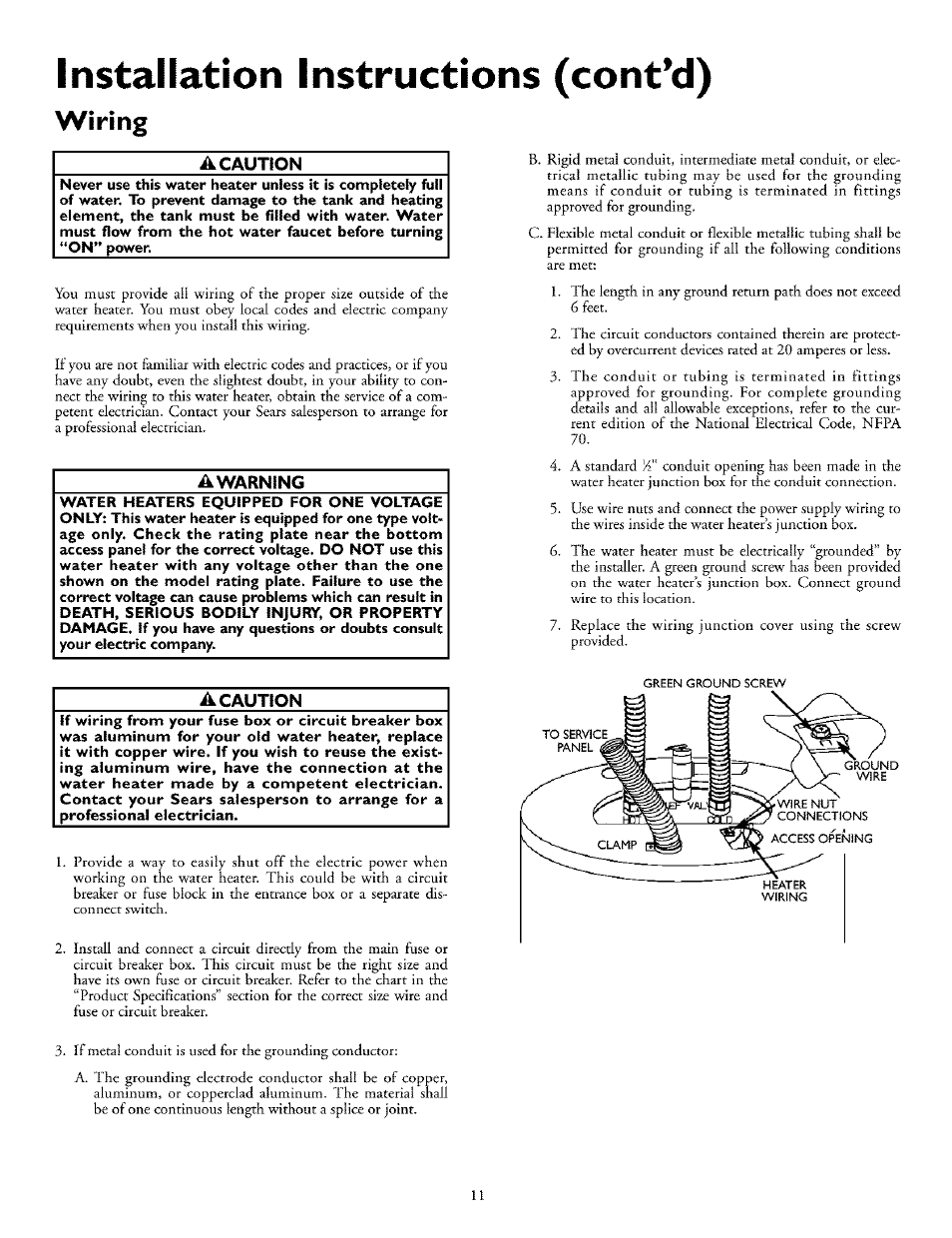 A caution, Installation instructions (cont’d), Wiring | A warning | Kenmore 153.31702 User Manual | Page 11 / 24