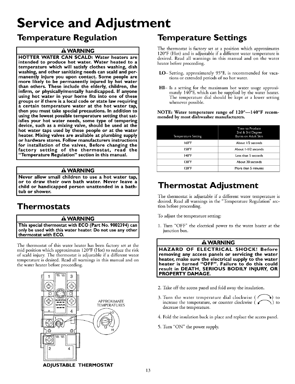 Service and adjustment, Temperature regulation temperature settings, A warning | Thermostats, Thermostat adjustment | Kenmore 153.31702 User Manual | Page 13 / 24