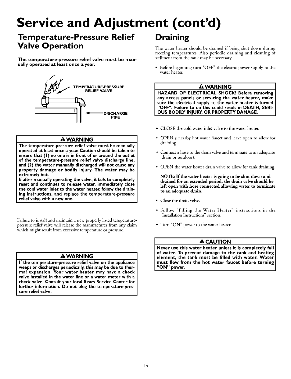 A warning, A caution, Service and adjustment (cont’d) | Kenmore 153.31702 User Manual | Page 14 / 24